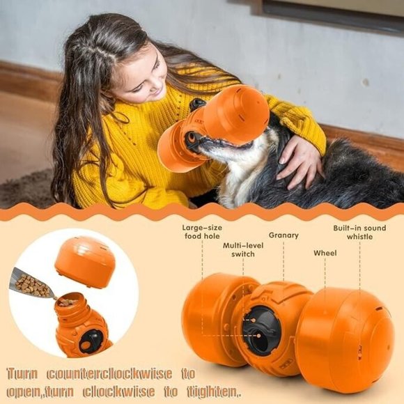 Interactive Dog Toy, Orange Rolling Treat Dispenser Slow Feeder Puzzle w Squeaky - Picture 13 of 16